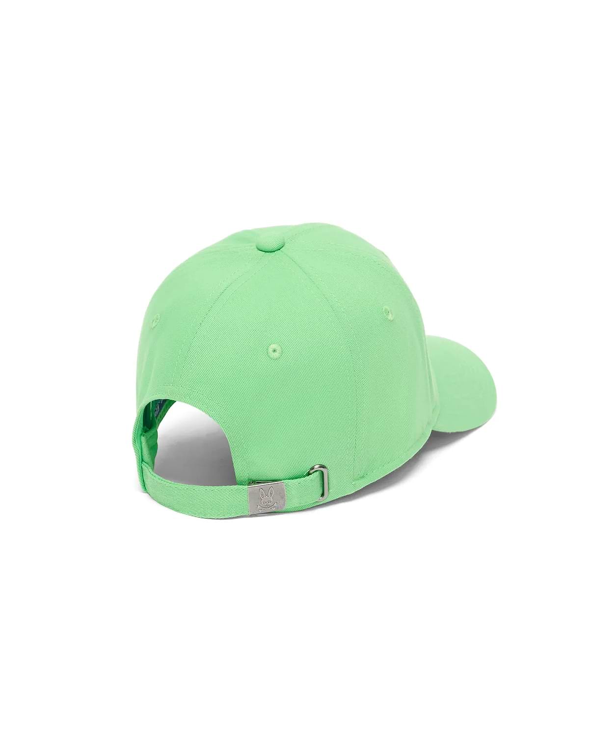 Mens Classic Baseball Cap in bright lime green, crafted from smooth twill fabric with an adjustable strap and a silver metal buckle featuring a small embossed Psycho Bunny skull logo at the back.