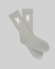 Mens 3 Pack Sport Sock in light grey heather, featuring a small white embroidered Psycho Bunny skull logo on the outer cuff of each soft knit crew sock.