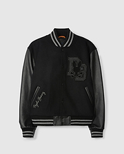 Presenting the Psycho Bunny Men's Brayden Wool Leather Varsity Bomber (B6J876D200): a sleek black jacket featuring eye-catching leather sleeves, striped cuffs, and a striking embroidered patch on the chest with initials and a rabbit silhouette. The phrase "Playboy Bunny" is elegantly stitched near the pocket for added flair.