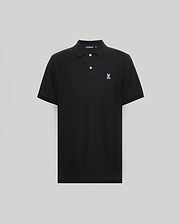 Mens Classic Pique Polo Shirt in black, featuring a classic fit, textured pique fabric, white buttons, and a small embroidered pink Psycho Bunny skull logo on the left chest.