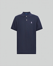 Mens Classic Pique Polo Shirt in navy, featuring a classic fit, two white buttons, and a small pink/purple embroidered Psycho Bunny skull logo on the left chest.
