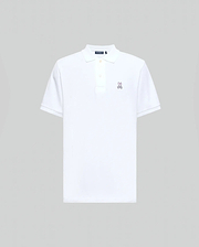 Mens Classic Pique Polo Shirt in crisp white, classic fit, pique knit, with a two-button placket, ribbed collar and cuffs, and a small embroidered pink/purple Psycho Bunny skull logo on the left chest.