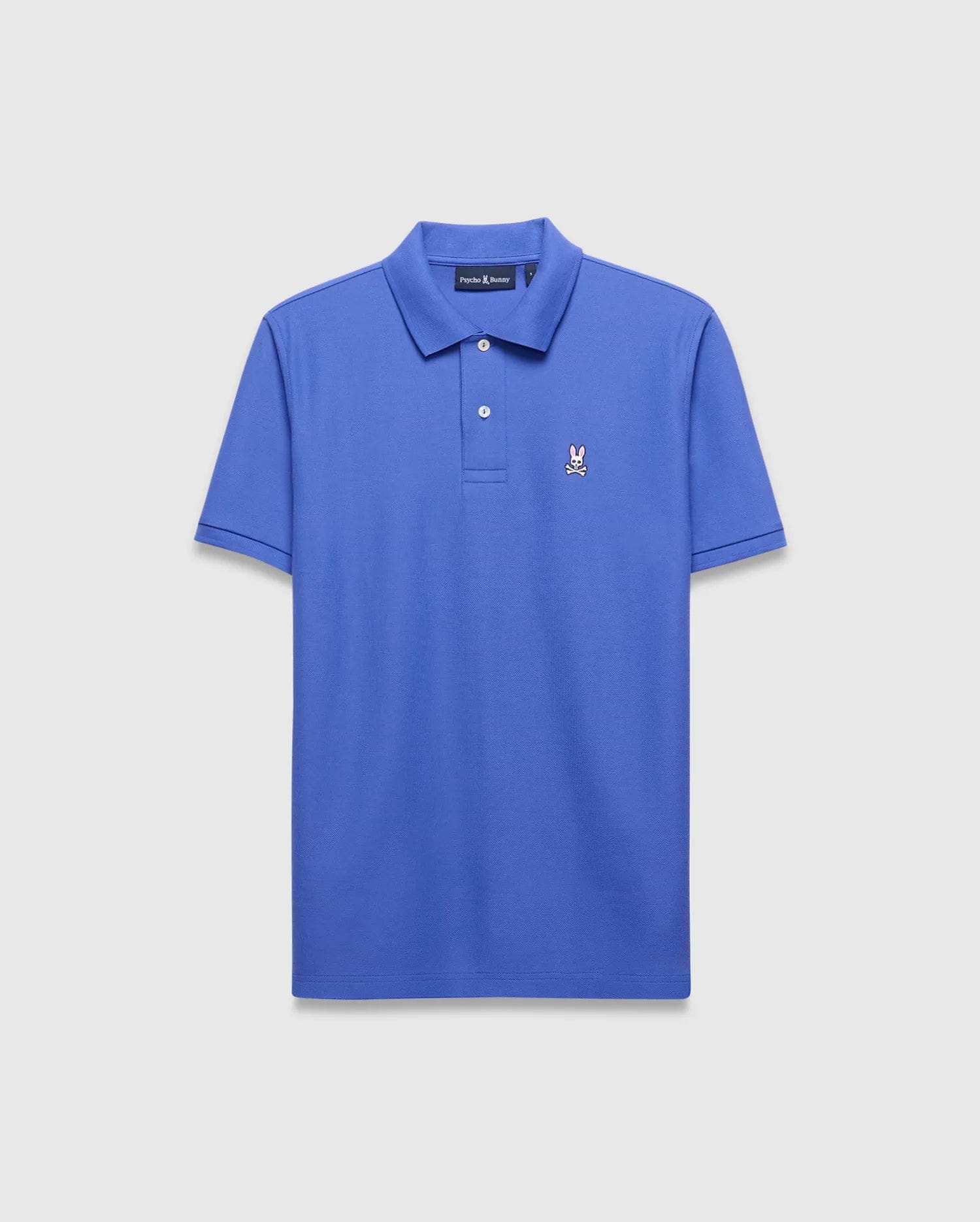 Mens Classic Pique Polo in vibrant blue, a classic fit pique knit shirt with a two-button placket, ribbed collar, and small embroidered Psycho Bunny skull logo on the left chest.