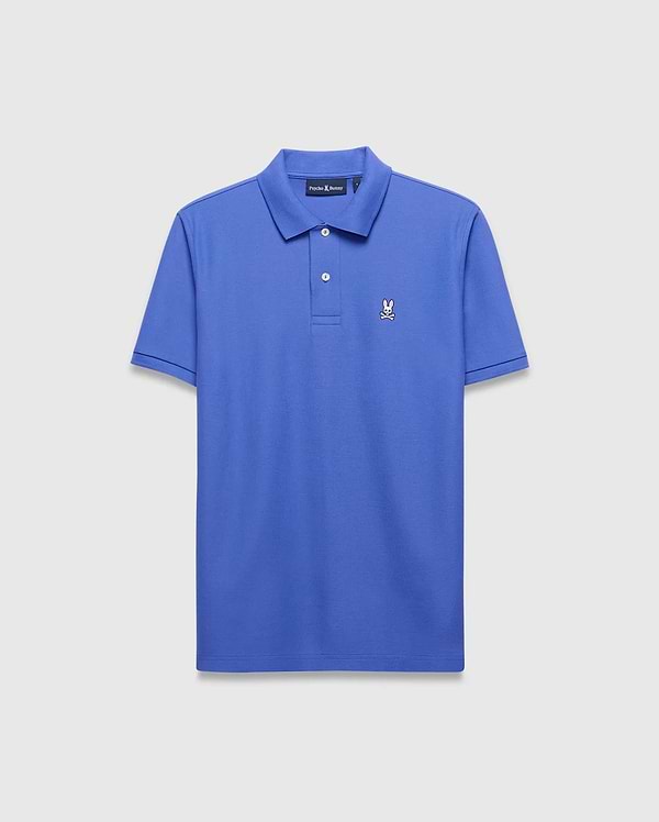 Mens Classic Pique Polo in vibrant blue, a classic fit pique knit shirt with a two-button placket, ribbed collar, and small embroidered Psycho Bunny skull logo on the left chest.