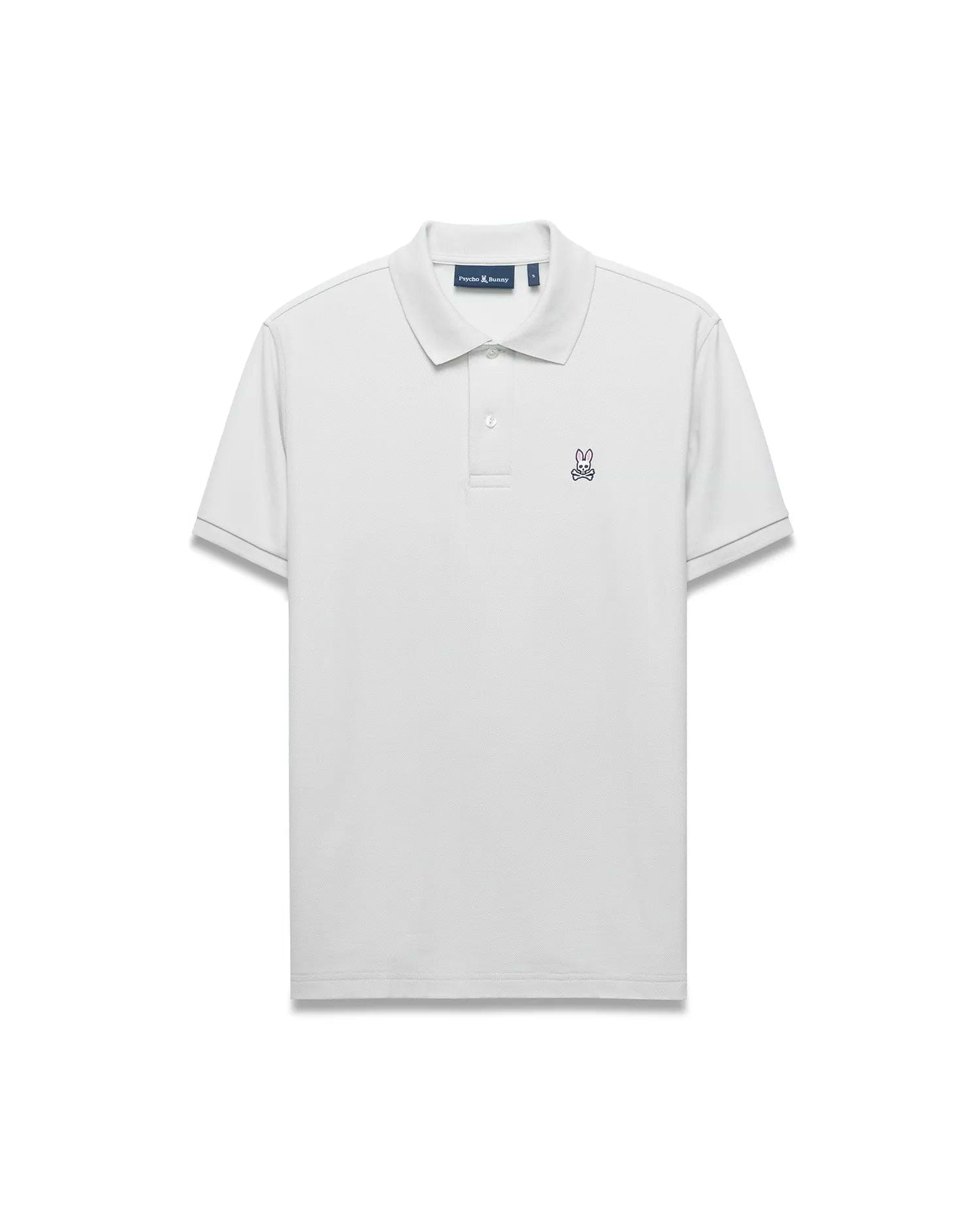 Mens Classic Pique Polo in light grey, featuring a classic fit, two-button placket, ribbed collar, and small pink embroidered Psycho Bunny skull logo on the left chest.