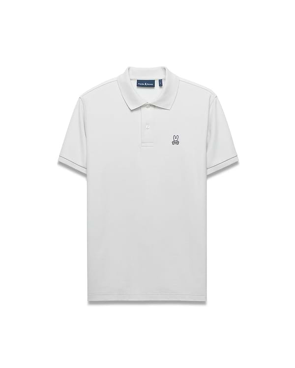 Mens Classic Pique Polo in light grey, featuring a classic fit, two-button placket, ribbed collar, and small pink embroidered Psycho Bunny skull logo on the left chest.