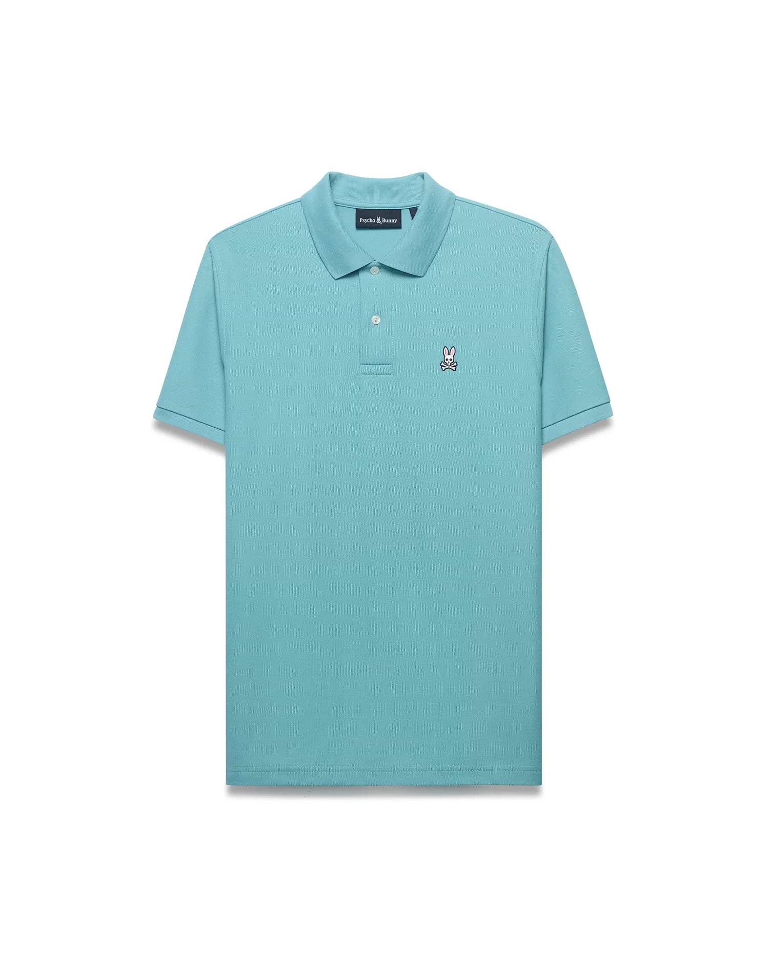 Men's Classic Pima Pique Polo in vibrant aqua, featuring a classic fit, two-button placket, and a small embroidered Psycho Bunny skull logo on the left chest. (1)
