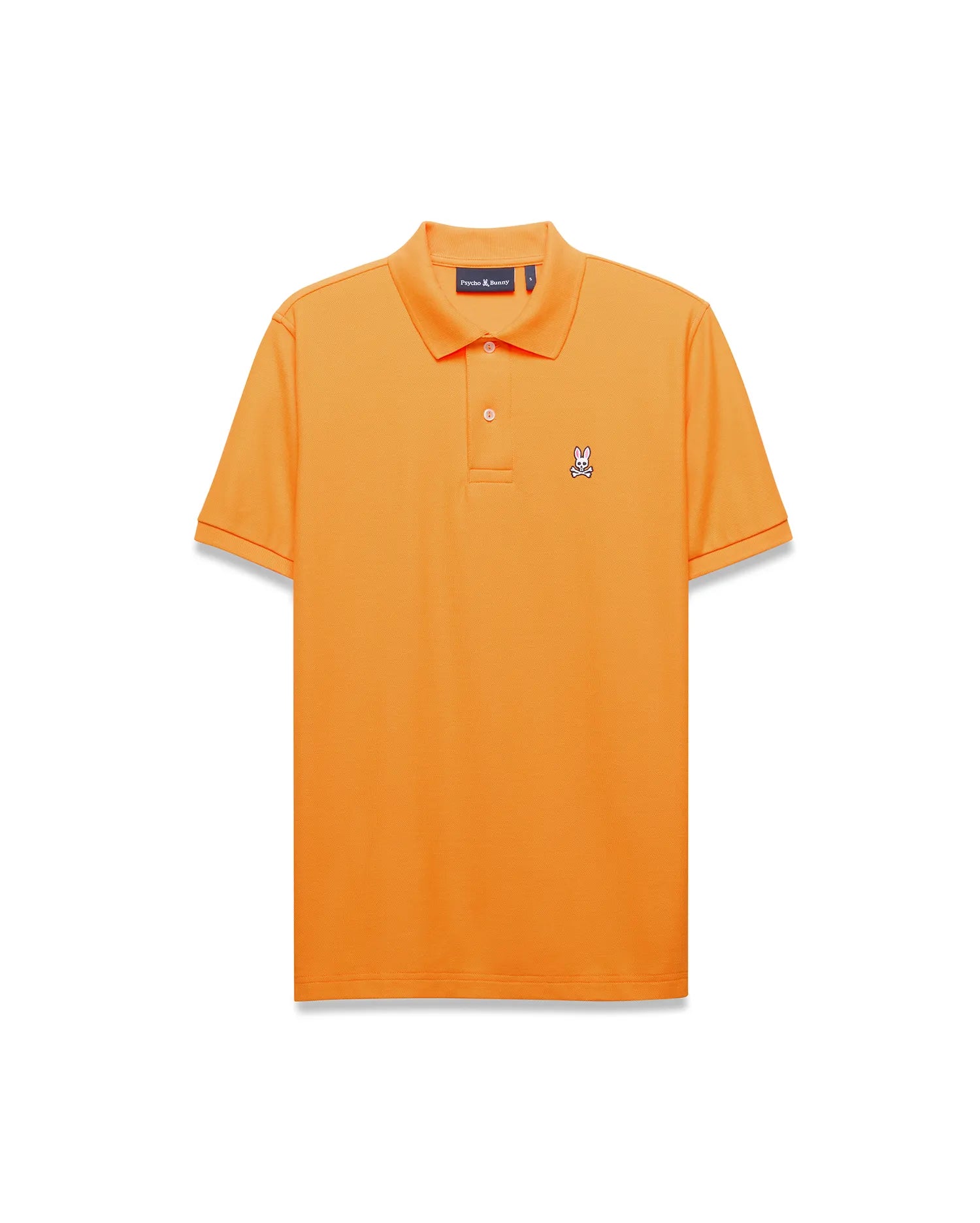 Mens Classic Pique Polo in vibrant orange, featuring a classic fit, pique fabric, two-button placket, ribbed collar, and a small embroidered white, black, and pink Psycho Bunny skull logo on the left chest.