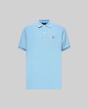 Mens Classic Pique Polo in sky blue, featuring a classic fit, pique texture, two-button placket, ribbed collar, dark blue trim on cuffs, and a small, embroidered Psycho Bunny skull logo on the left chest.