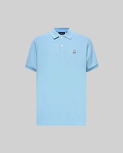 Mens Classic Pique Polo in sky blue, featuring a classic fit, pique texture, two-button placket, ribbed collar, dark blue trim on cuffs, and a small, embroidered Psycho Bunny skull logo on the left chest.