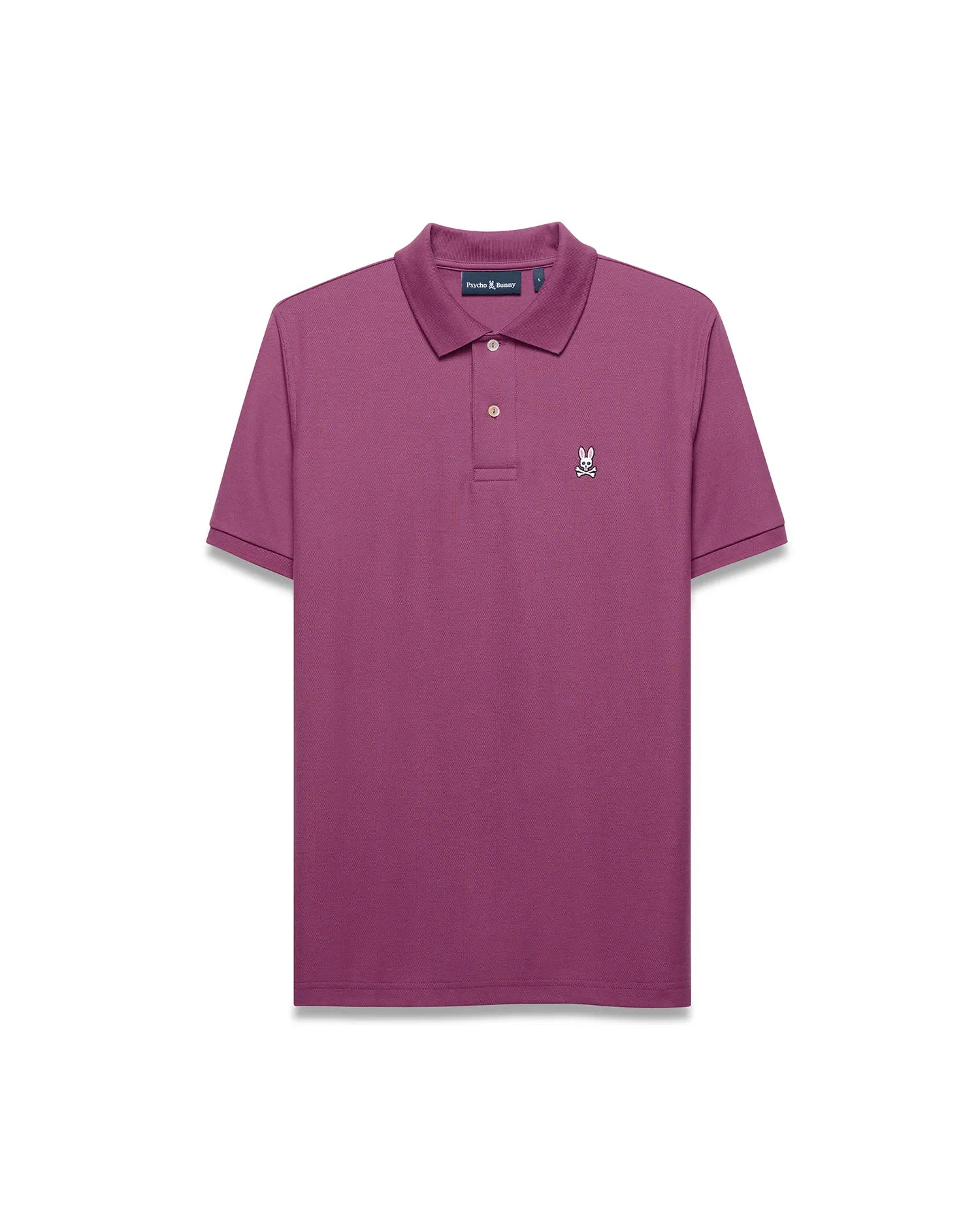 Mens Classic Pique Polo in plum, featuring a classic fit, pique texture, and a small white embroidered Psycho Bunny skull logo on the left chest with a two-button placket.