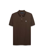 Men's Classic Pima Pique Polo in rich brown pique fabric, featuring a classic fit, two white buttons, and a small embroidered white and pink Psycho Bunny skull logo on the left chest. (1)