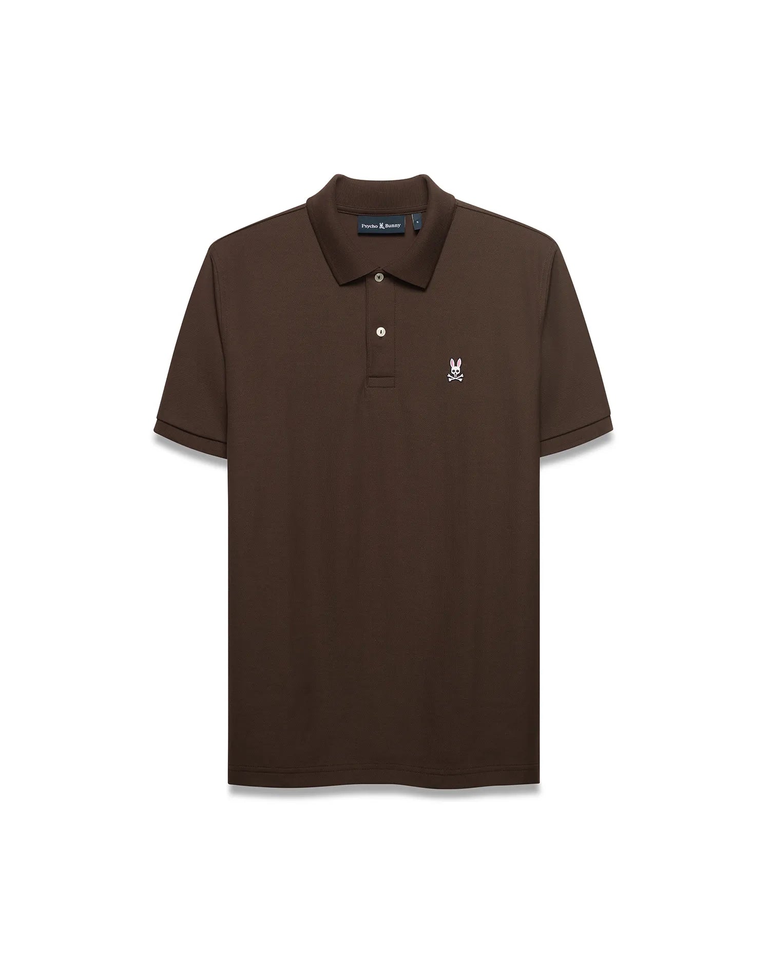 Men's Classic Pima Pique Polo in rich brown pique fabric, featuring a classic fit, two white buttons, and a small embroidered white and pink Psycho Bunny skull logo on the left chest. (1)