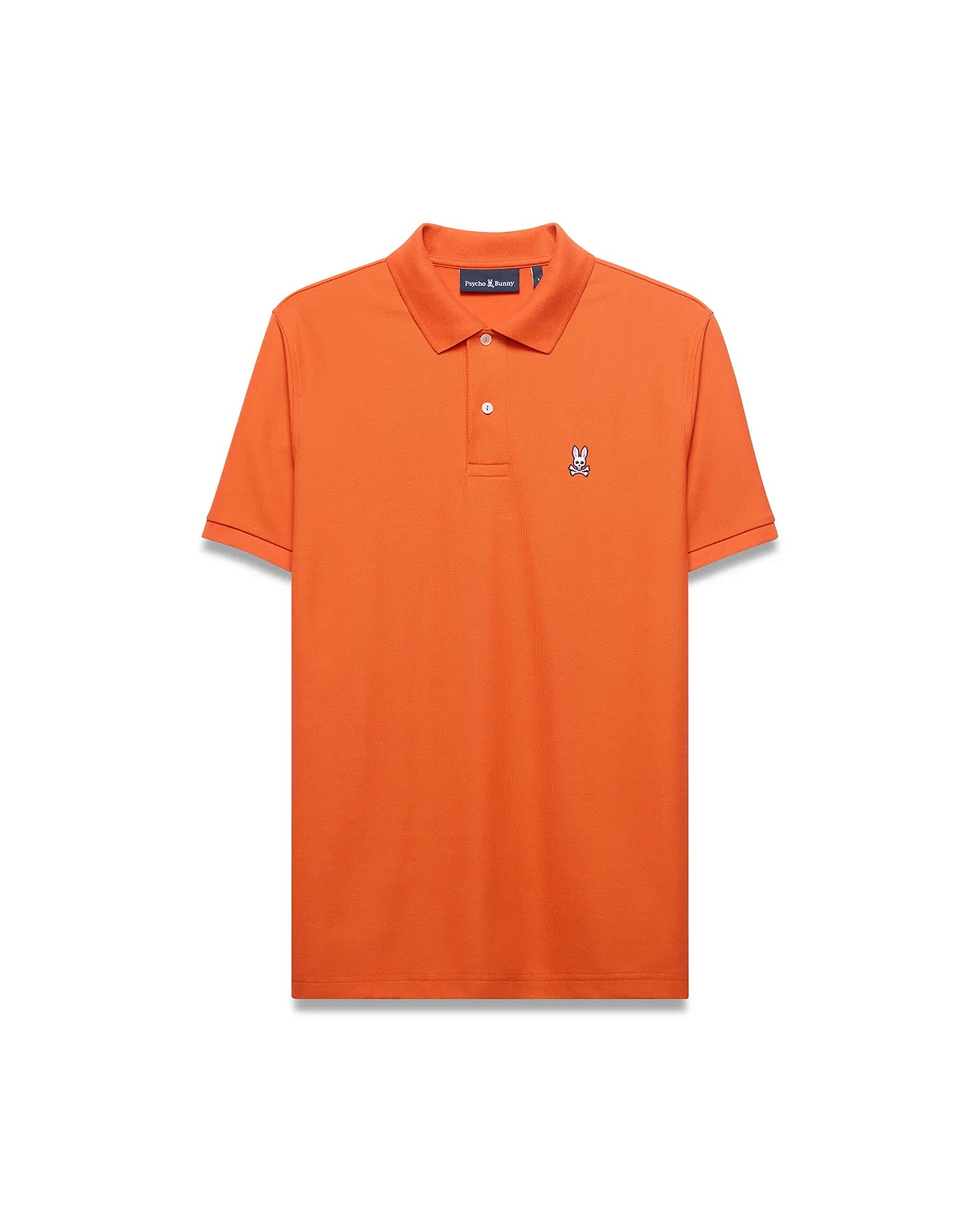 Men's Classic Pima Pique Polo in vibrant orange, featuring a classic fit, textured pique fabric, and a small embroidered white and black Psycho Bunny skull logo on the left chest with white buttons. (5)