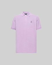 Mens Classic Pique Polo in lavender, featuring a classic fit, pique knit fabric, two-button placket, ribbed collar and cuffs, and a small embroidered Psycho Bunny skull logo on the left chest. (1)