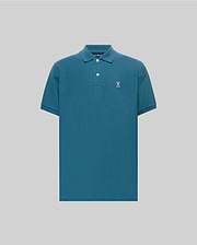 Mens Classic Pique Polo in deep teal, featuring a classic fit, pique knit texture, two white buttons, and a small embroidered white and pink Psycho Bunny skull logo on the left chest.