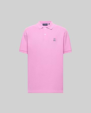 Mens Classic Pique Polo in vibrant pink, featuring a classic fit, pique knit texture, two white buttons, and a small black and white embroidered Psycho Bunny skull logo on the left chest.
