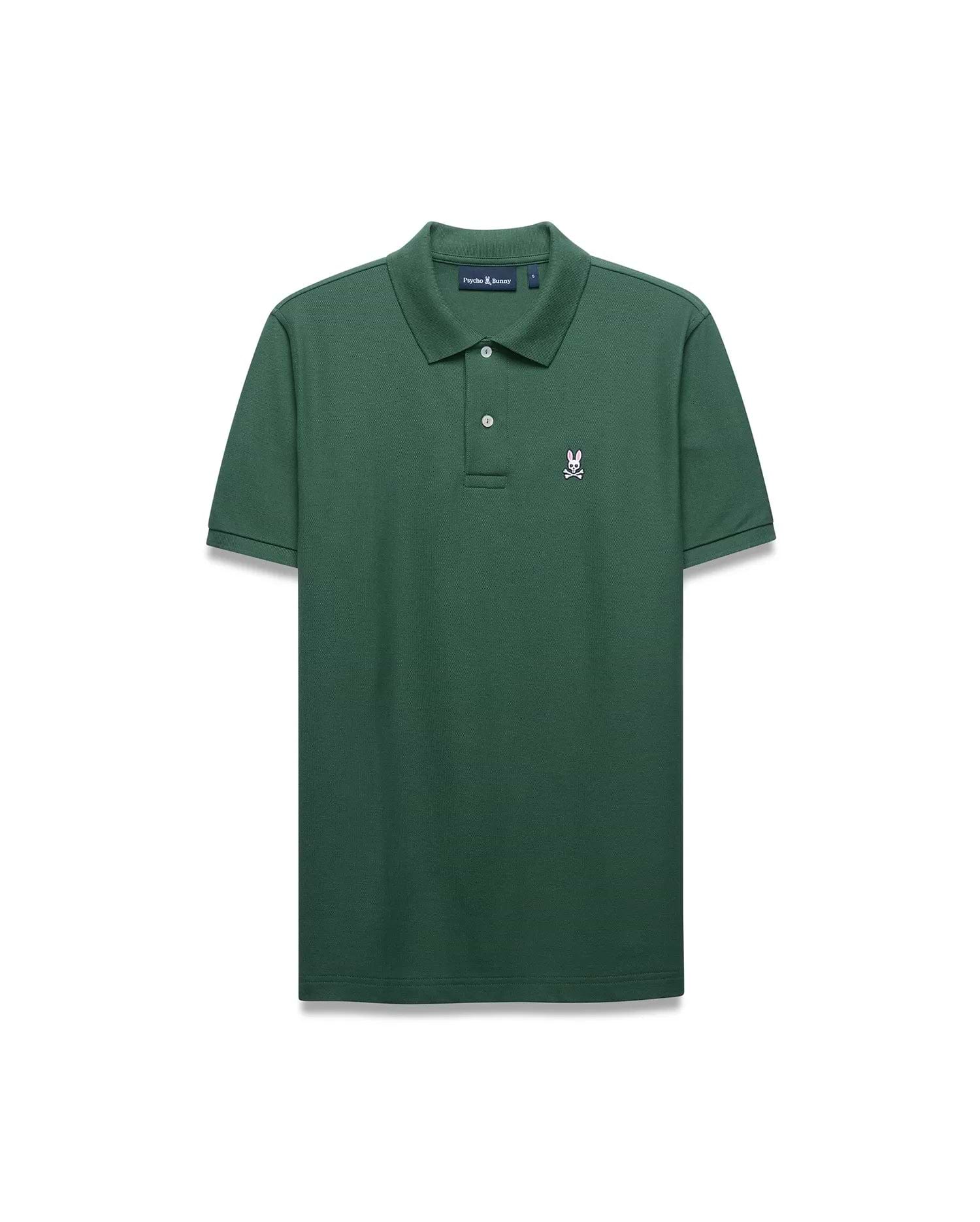 Mens Classic Pique Polo in dark green, featuring a classic fit and textured pique fabric. It has a two-button placket, ribbed collar, and a small embroidered pink Psycho Bunny skull logo on the left chest.