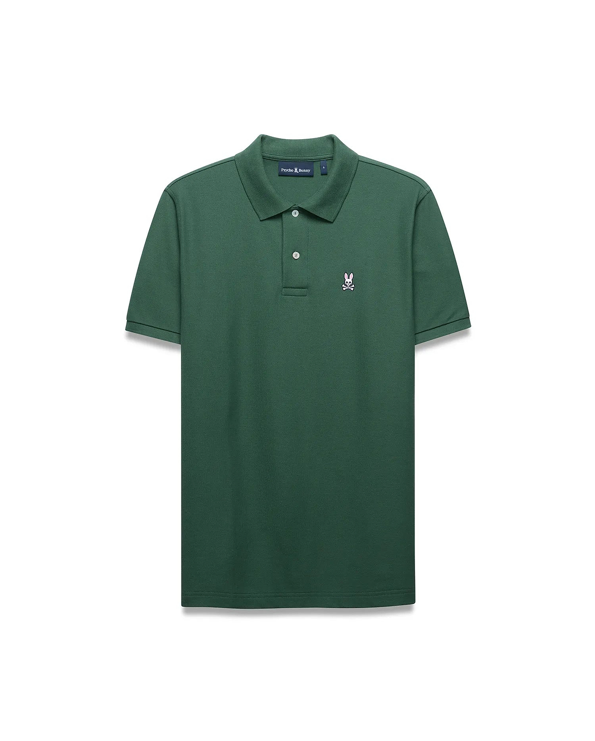Mens Classic Pique Polo in dark green, featuring a classic fit and textured pique fabric. It has a two-button placket, ribbed collar, and a small embroidered pink Psycho Bunny skull logo on the left chest.