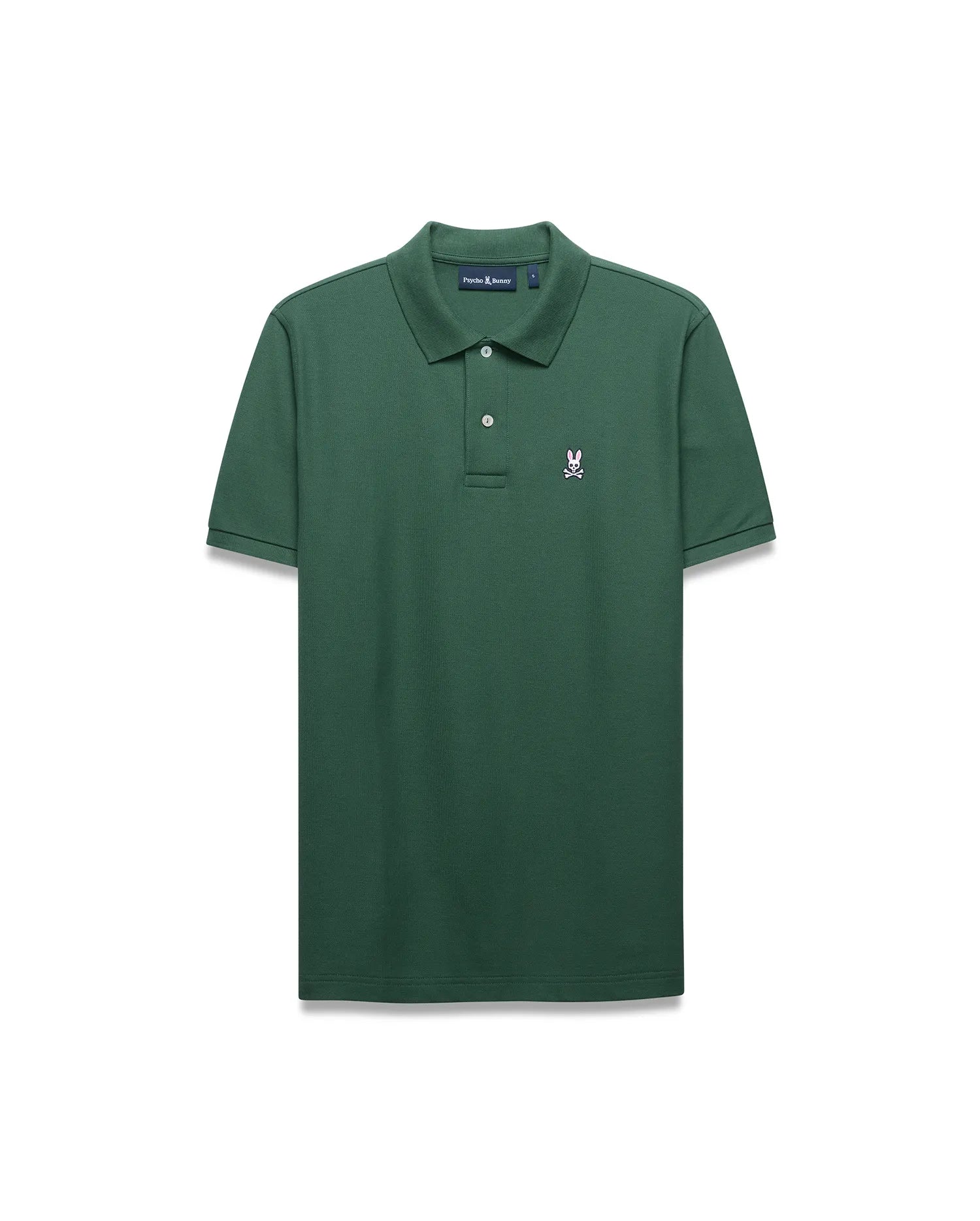 Mens Classic Pique Polo in dark green, featuring a classic fit and textured pique fabric. It has a two-button placket, ribbed collar, and a small embroidered pink Psycho Bunny skull logo on the left chest.