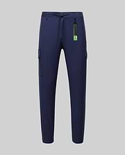 Mens Lloyd Cargo Jogger in navy blue, featuring a relaxed fit, smooth fabric, side cargo pockets, a lime green drawstring, and a prominent Psycho Bunny logo keychain with a small embroidered bunny skull on the pocket.