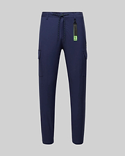 Mens Lloyd Cargo Jogger in navy blue, featuring a relaxed fit, smooth fabric, side cargo pockets, a lime green drawstring, and a prominent Psycho Bunny logo keychain with a small embroidered bunny skull on the pocket.