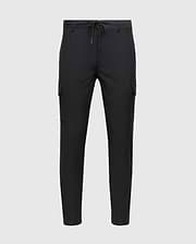 The MENS LLOYD CARGO JOGGER - B6P159B200 by Psycho Bunny are black with a slim fit design, featuring elasticized cuffs and an adjustable drawstring waistband. These joggers have utilitarian pockets on the sides and offer a sleek, modern look. The product is showcased against a white background.