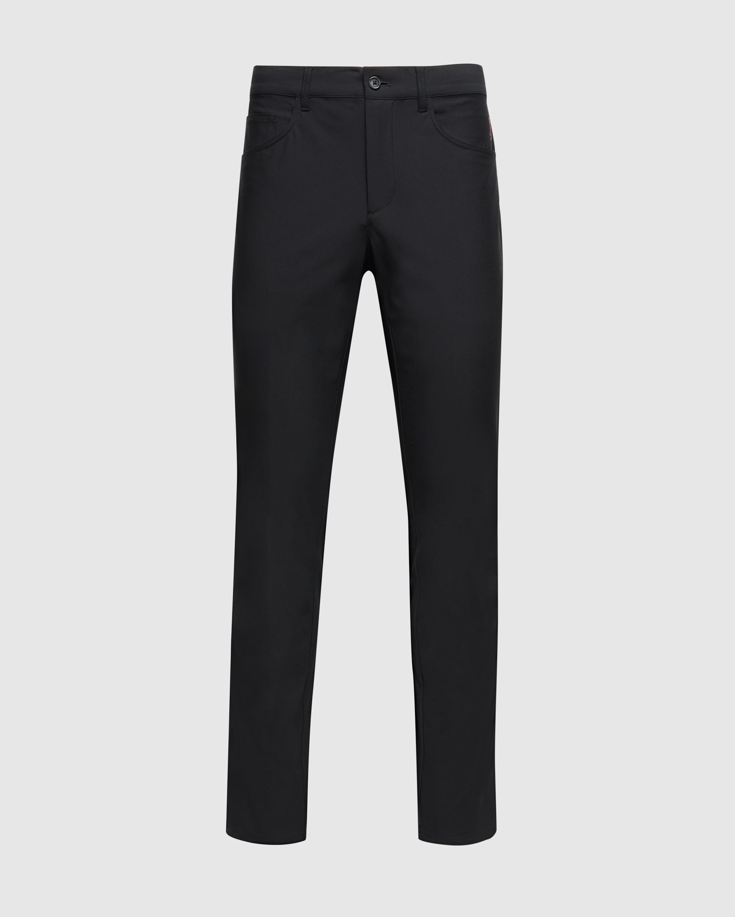 Black Mens Maverick 10k Step Pant 31 1/2 L, a classic fit performance pant with a smooth texture, featuring front pockets and a subtle embroidered dark red Psycho Bunny skull logo on the right pocket.
