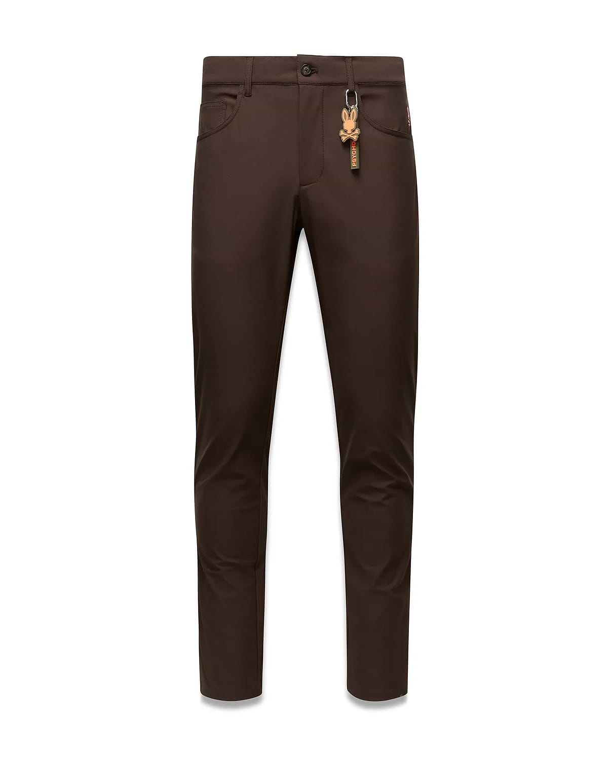 Brown Mens Maverick 10k Step Pant, slim fit, featuring a small red embroidered Psycho Bunny logo on the right front pocket and a prominent brown and orange skull keychain on the left belt loop.