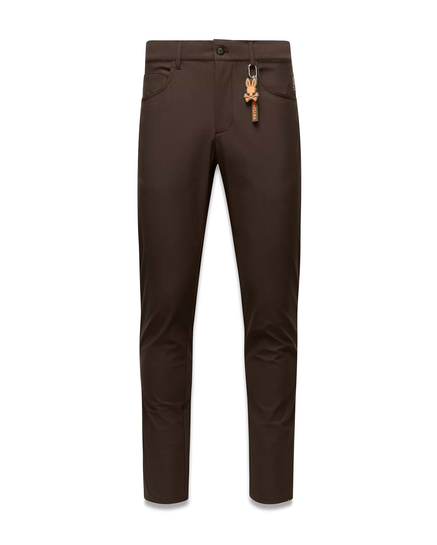 Brown Mens Maverick 10k Step Pant, slim fit, featuring a small red embroidered Psycho Bunny logo on the right front pocket and a prominent brown and orange skull keychain on the left belt loop.