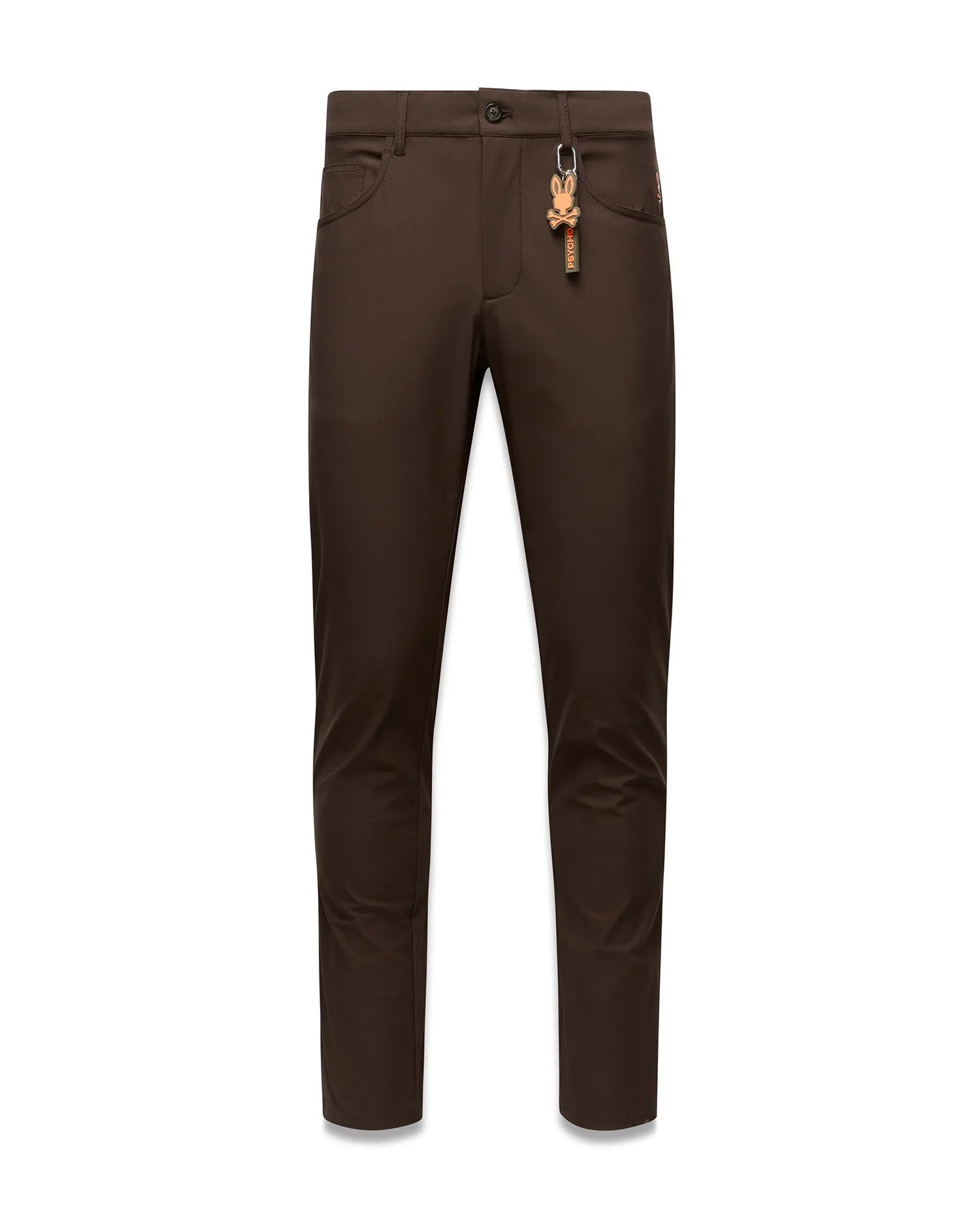 Brown Mens Maverick 10k Step Pant, slim fit, featuring a small red embroidered Psycho Bunny logo on the right front pocket and a prominent brown and orange skull keychain on the left belt loop.