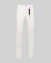 Mens Maverick 10k Step Pant in white, featuring a straight fit, smooth fabric, and a small embroidered neon green Psycho Bunny skull logo on the right hip. A black and neon green branded keychain hangs from a belt loop.