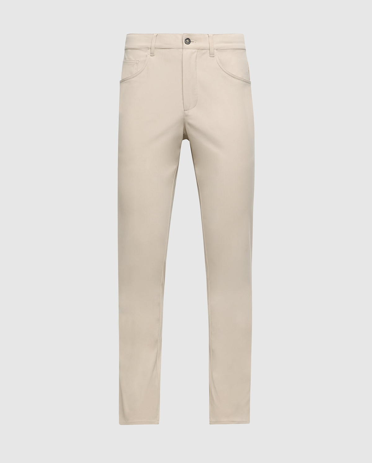 A pair of beige MENS MAVERICK 10K PANT - B6P788D200 by Psycho Bunny is showcased against a plain white background. These classic five-pocket pants include a button and zip closure, belt loops, front pockets, and offer four-way stretch for maximum comfort.