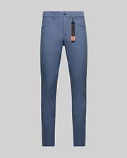 Dusty blue Mens Maverick 10k Step Pant, slim fit, smooth performance fabric, with a small embroidered orange Psycho Bunny skull logo on the right hip and a black and orange branded keychain.
