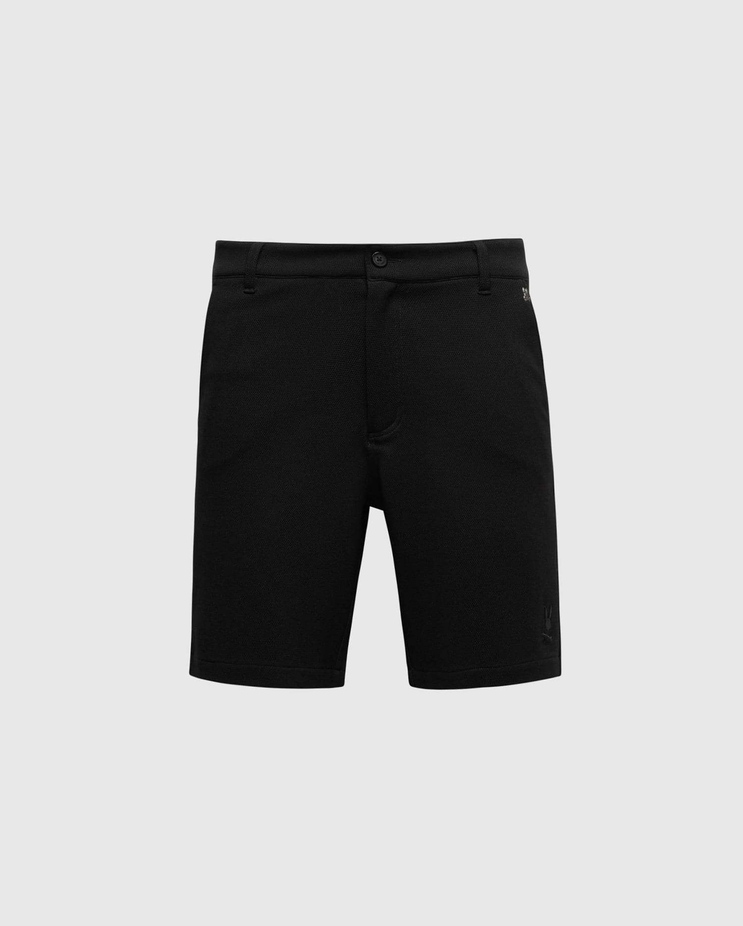 The Psycho Bunny MENS SHIRO KNIT HONEYCOMB SHORT - B6R585F200, displayed on a plain white background, features a button/zip closure, belt loops, and side pockets. Made from smooth fabric tailored for a slim fit, it offers a stylish day-to-night transition.