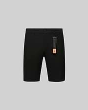 Black Mens Maverick 10k Step Short, featuring a smooth fabric, classic fit, and a distinctive orange and black Psycho Bunny skull logo tag attached to a belt loop.