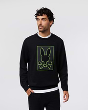 Mens Los Angeles Fleece Sweatshirt in black, featuring a large, centered neon green outline of the Psycho Bunny skull logo on a black patch, classic fit, soft fleece texture.