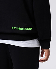 Black Mens Los Angeles Fleece Sweatshirt, relaxed fit, soft fleece texture, featuring a large neon green embroidered PSYCHO BUNNY text logo on the lower side.