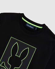 Mens Los Angeles Fleece Sweatshirt, black with a large central embroidered Psycho Bunny skull logo featuring a neon green outline and contrast stitching. Classic fit, soft fleece, and neon green neck tape.