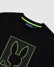 Mens Los Angeles Fleece Sweatshirt, black with a large central embroidered Psycho Bunny skull logo featuring a neon green outline and contrast stitching. Classic fit, soft fleece, and neon green neck tape.