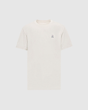 The Psycho Bunny Men's Classic Crew Neck Tee (B6U014B200) in light beige is a premium Pima cotton shirt with short sleeves and an embroidered bunny logo on the upper left chest. Set against a simple white background, it embodies timeless appeal.