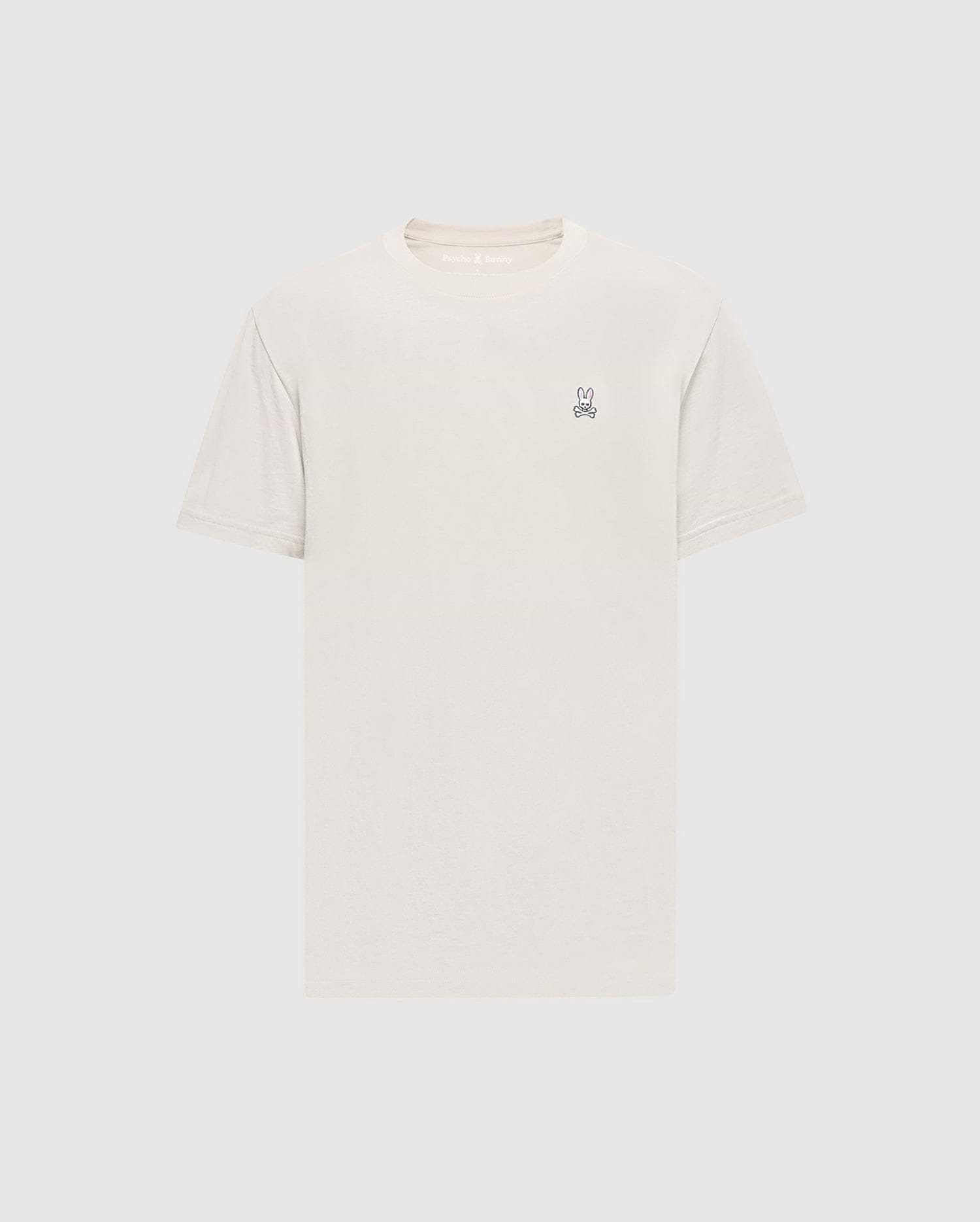 The Psycho Bunny Men's Classic Crew Neck Tee (B6U014B200) in light beige is a premium Pima cotton shirt with short sleeves and an embroidered bunny logo on the upper left chest. Set against a simple white background, it embodies timeless appeal.