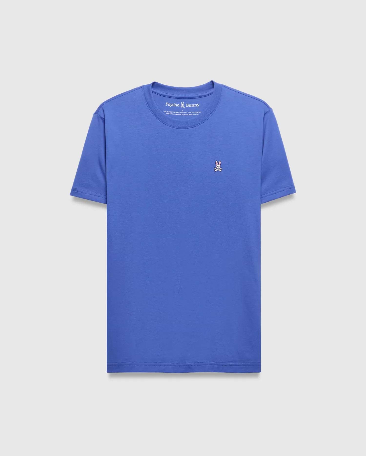 Mens Classic Crew Neck Tee in royal blue, featuring a classic fit and smooth jersey knit fabric. A small, embroidered Psycho Bunny skull logo in pink, white, and black is on the left chest.