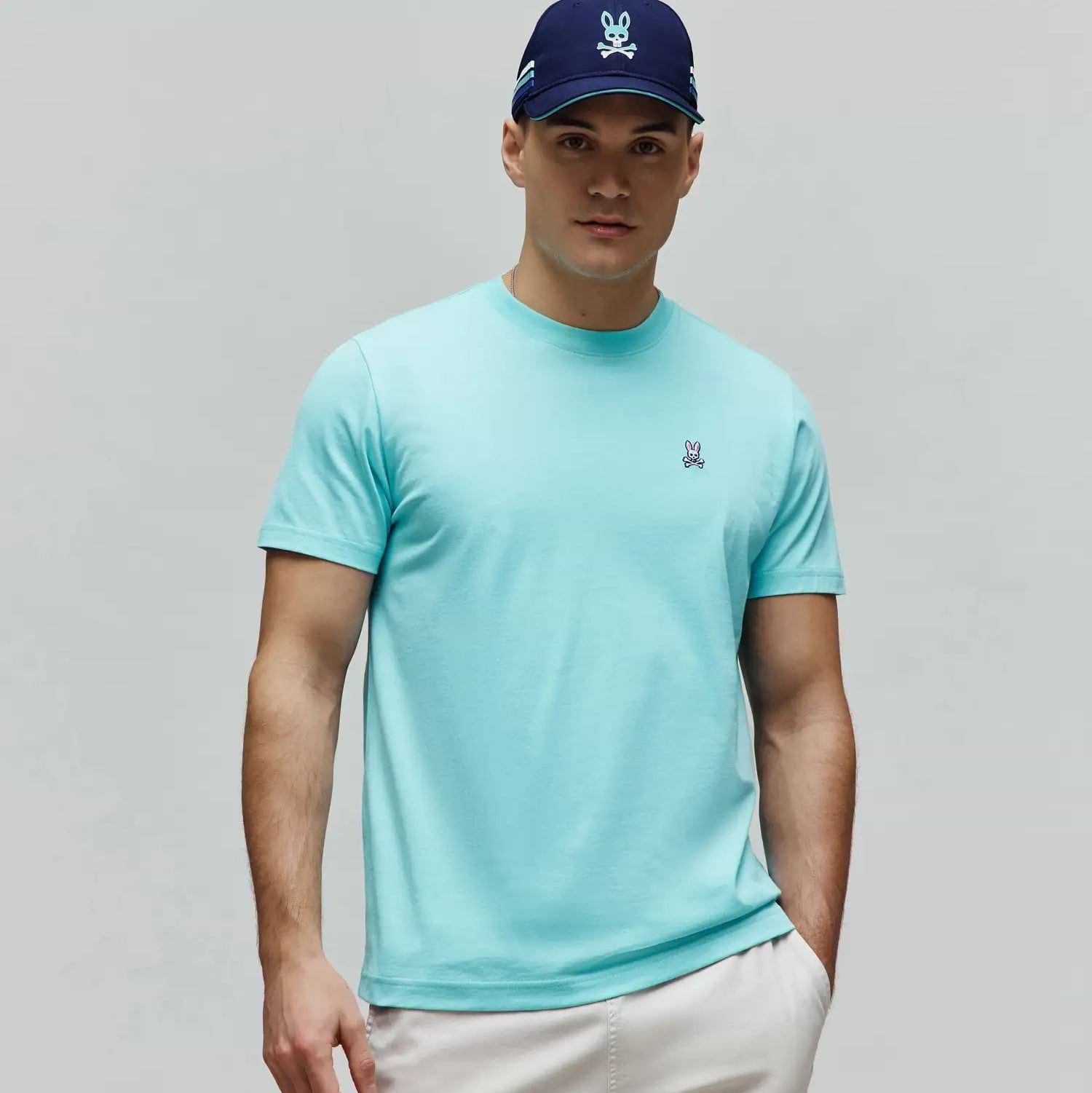 Mens Classic Crew Neck Tee in aqua, a classic fit, smooth jersey knit shirt with a small multi-color embroidered Psycho Bunny skull logo on the left chest.