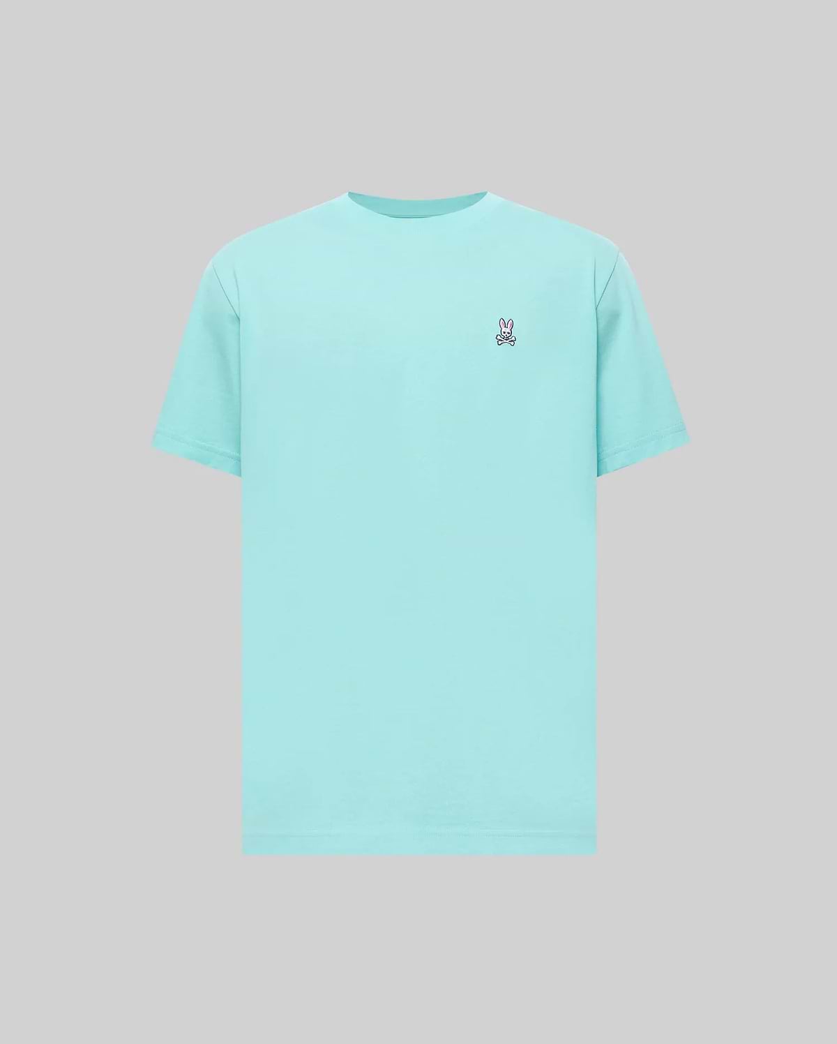 Mens Classic Crew Neck Tee in aqua, featuring smooth jersey fabric and a classic fit, with a small embroidered pink and white Psycho Bunny skull logo on the left chest.