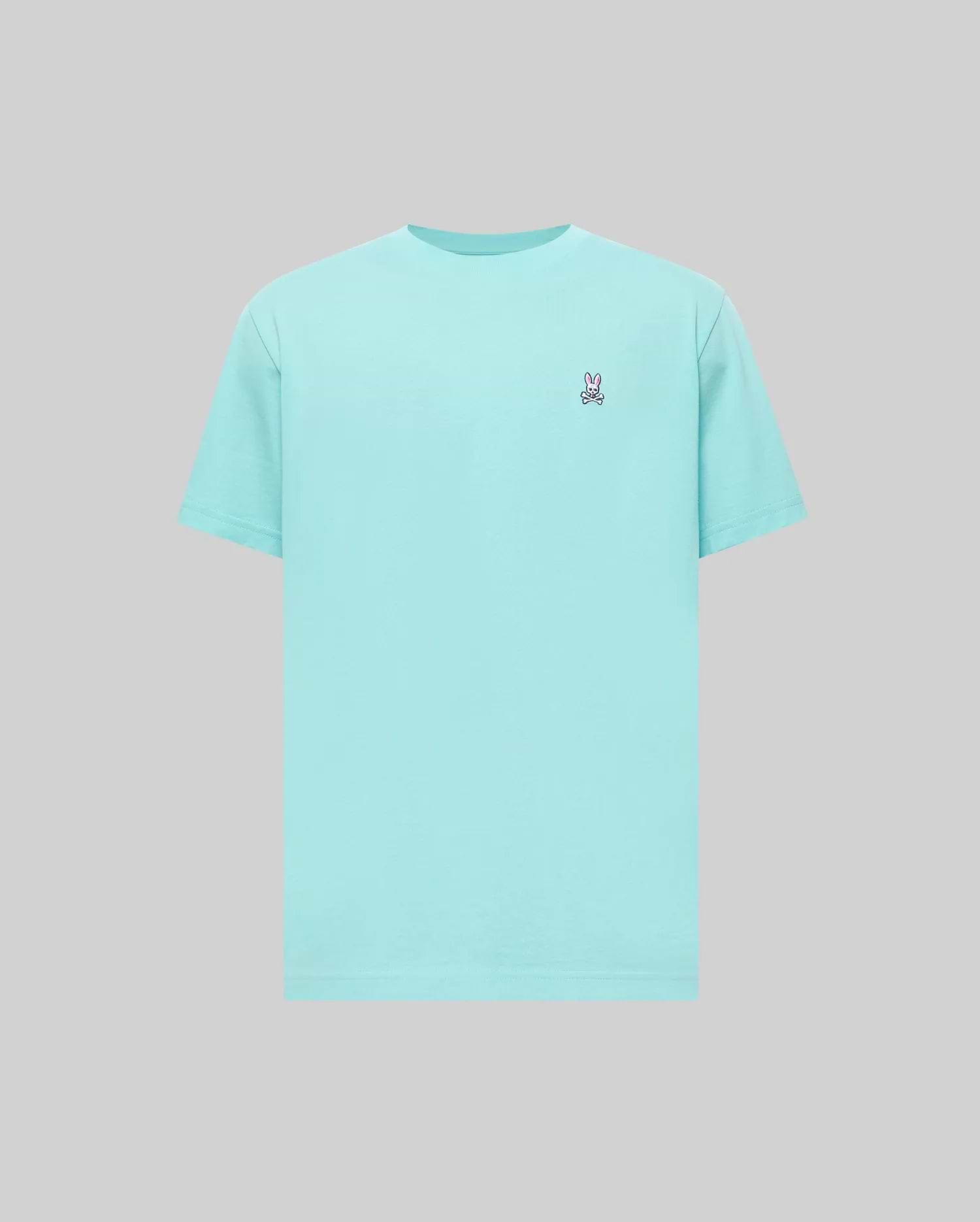 Mens Classic Crew Neck Tee in aqua, featuring smooth jersey fabric and a classic fit, with a small embroidered pink and white Psycho Bunny skull logo on the left chest.