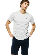 Mens Classic Crew Neck Tee in crisp white, crafted from soft jersey fabric with a classic fit. Features a small, embroidered Psycho Bunny skull logo in pink, black, and white on the left chest.