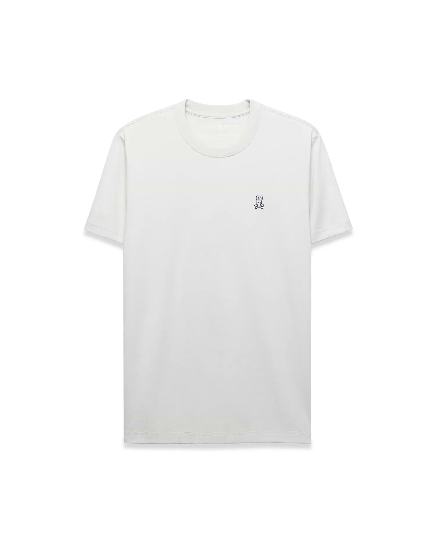 Mens Classic Crew Neck Tee in light grey, featuring a smooth jersey knit, classic fit, and a small embroidered purple and blue Psycho Bunny skull logo on the left chest.
