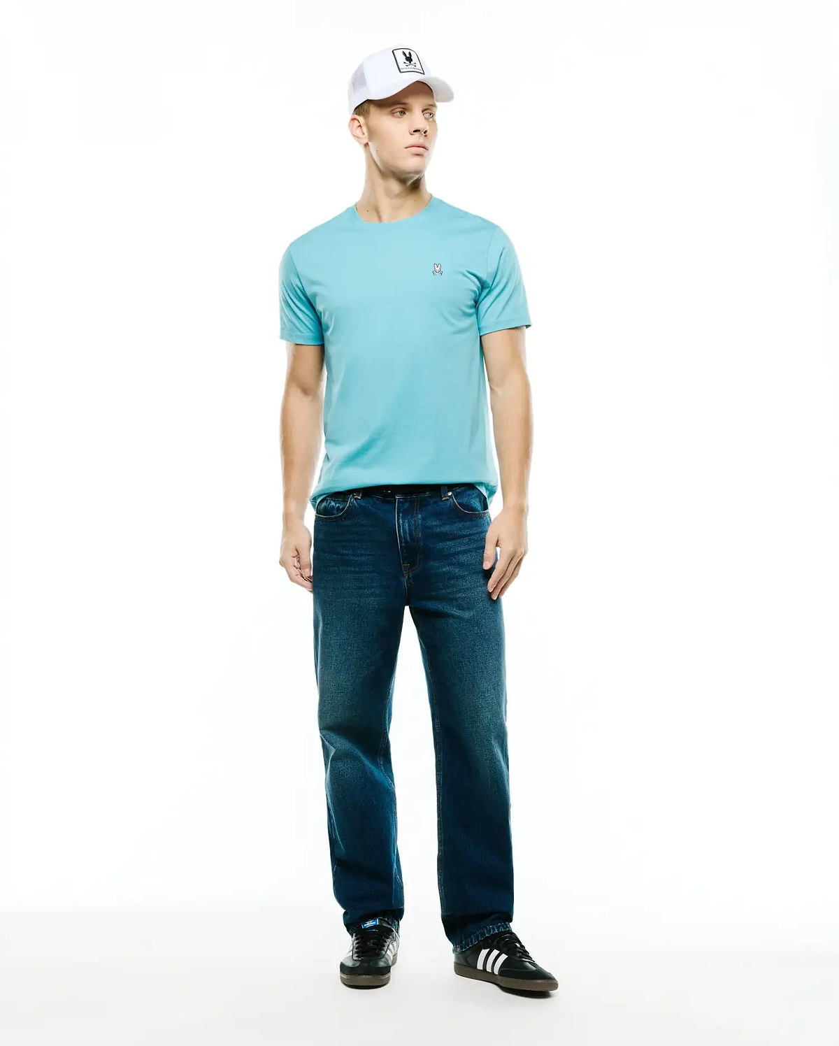 Mens Classic Crew Neck Tee in aqua blue, featuring a classic fit and smooth jersey fabric, with a small embroidered Psycho Bunny skull logo on the left chest. (4)