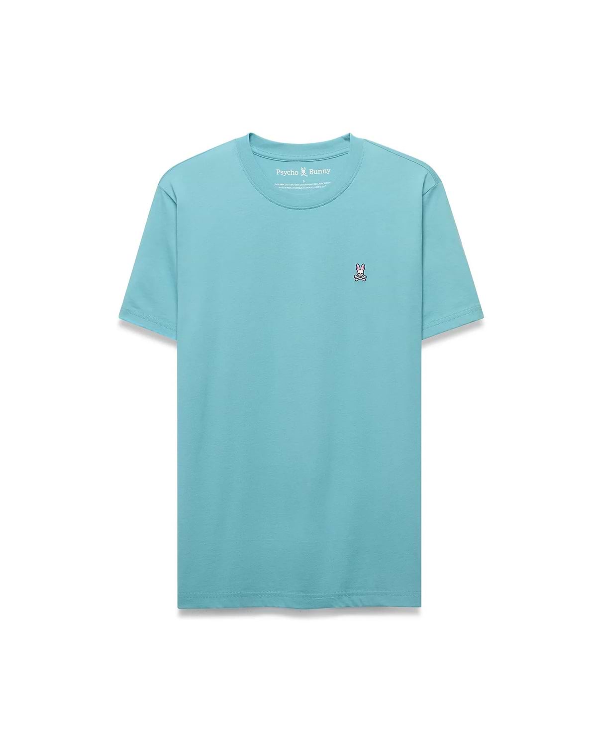 Mens Classic Crew Neck Tee in light teal, featuring a classic fit and smooth jersey fabric. Small embroidered Psycho Bunny skull logo in pink, white, and black on the left chest. (5)
